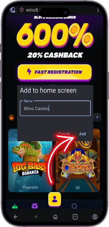 Wino Casino add shortcut