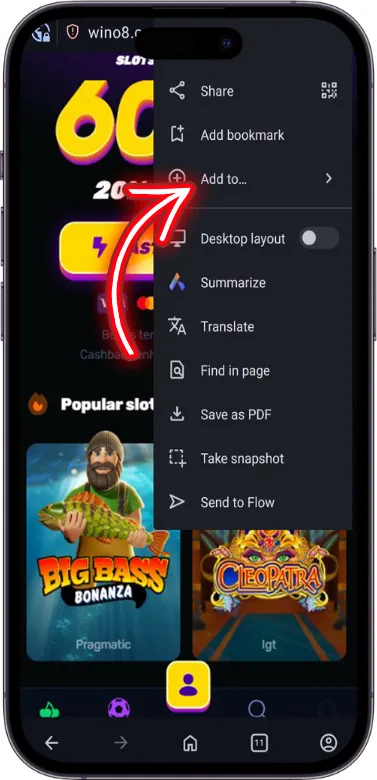 Wino Casino add to homescreen