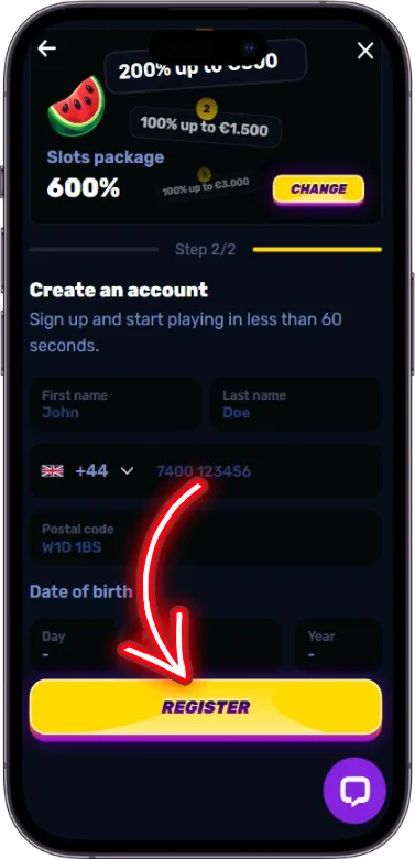 Wino Casino register complete