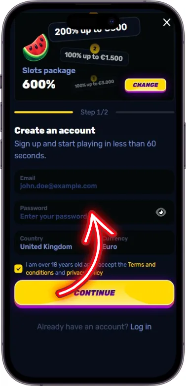 Wino Casino register form