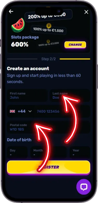 Wino Casino register process