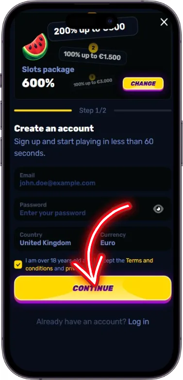 Wino Casino register step